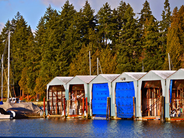 Boat sheds in Burrard Inlet in Vancouver, British Columbia, Canada