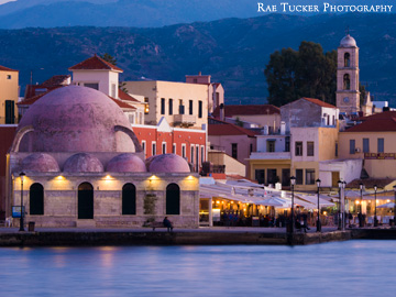 Evening falls over the Venetian Harbour in Chania, Greece