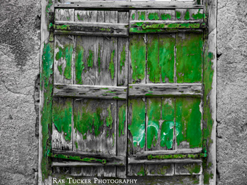 The peeling, green paint of old window shutters stand out against the black and white image.