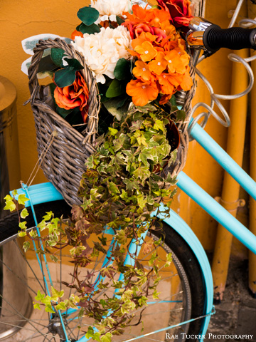 A wicker basket containing plants and flowers overflowing over the front wheel of a blue bicycle