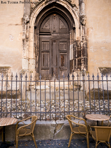 A small patio in front of the cathedral in Sibiu, Romania
