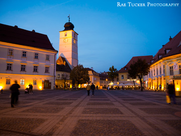 The early evening glow in Grand Square in Sibiu, Romania