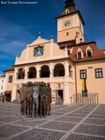 Statues displayed in front of Brasov Town Hall in Transylvania, Romania