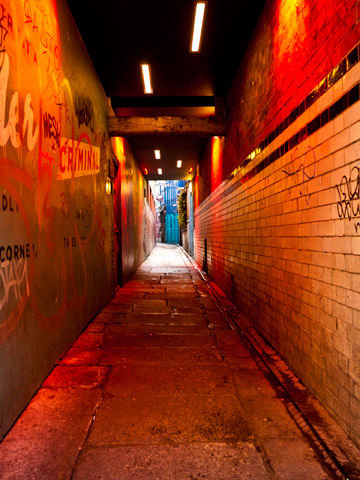 A red-lit tunnel in Dublin, Ireland