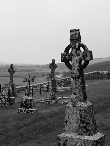 Celtic Cross headstones at the Rock of Cashel in Ireland.