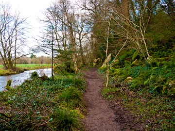 A path winds along a river by the Blarney Castle during the winter.