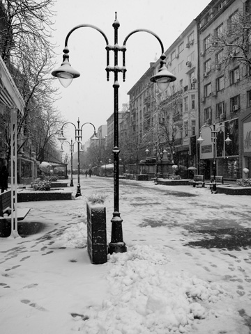 Vitosha Blvd covered in snow in Sofia, Bulgaria