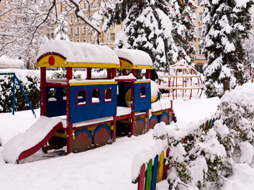 A snow covered playground in the centre of Sofia, Bulgaria
