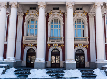 A snowy entrance to the National Theater in Sofia, Bulgaria