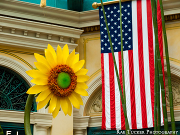 A sunflower and American flag displayed in Las Vegas, Nevada