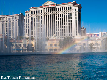 A rainbow runs through the Bellagio water fountain in Las Vegas, Nevada