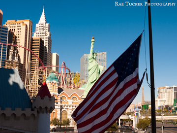 The American Flag flies before the strip in Las Vegas, Nevada