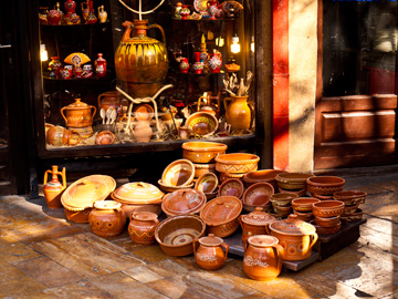 Clay pottery and cookware displayed at the old bazaar in Skopje, Macedonia