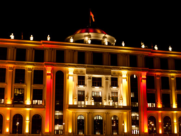 A building in Skopje, Macedonia drape in the colors of the Macedonia flag
