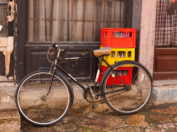 A bicycle and crates in Skopje, Macedonia