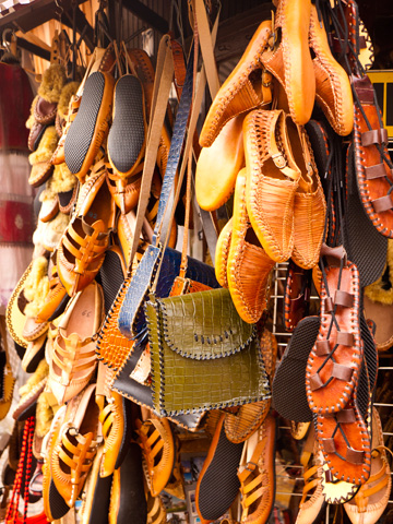 Traditional leather sandals and shoes on display in Skopje, Macedonia