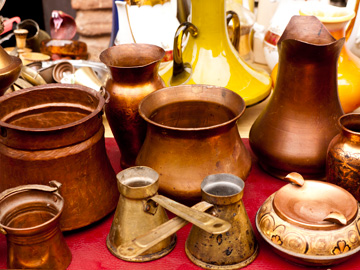 Copper cookware on display in the old bazaar in Skopje, Macedonia