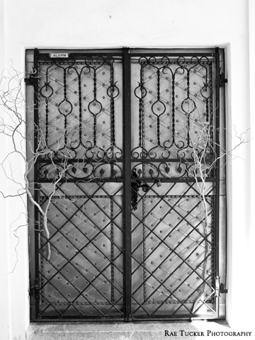 A black and white image of gated doors at a church in Czechia.