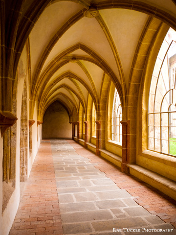 An arched walkway at a church in Ceske, Budejovice in the South Bohemia region of the Czech Republic.
