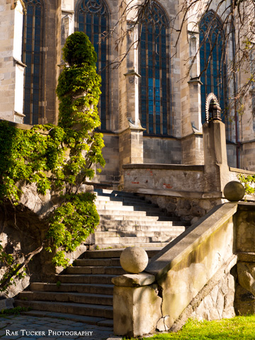 Stone stairs lead to St. Martin's Cathedral in Bratislava, Slovakia