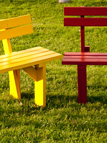 Yellow and Red Benches at SFU on Burnaby Mountain