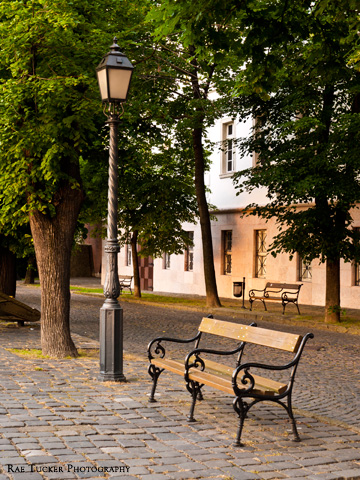 A bench and street lamp on Buda Hill in Budapest, Hungary