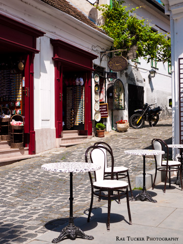 A small patio and shops during the summer in Szentendre, Hungary