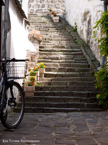A bicycle and stone stairway in Szentendre, Hungary
