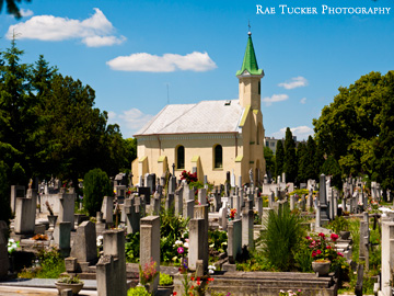 A church and cemetery in Tapolca, Hungary