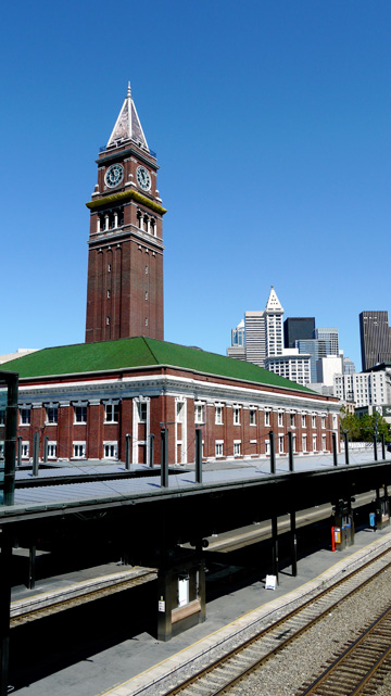 Seattle's train station sits before the downtown skyline