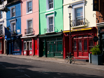 Colorful buildings along Portabello Road in London, England