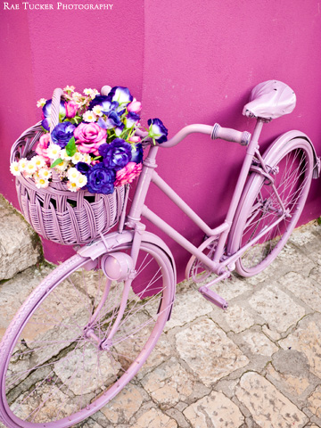 A pink bicycle with a basket full of pink and purple flowers