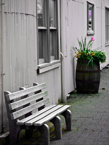 An alley on Granville Island with a park bench and a flowr barrel