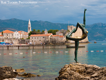 A statue in front of the old town of Budva, Montenegro