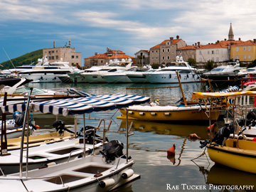 A marina in front of the old town in Budva, Montenegro
