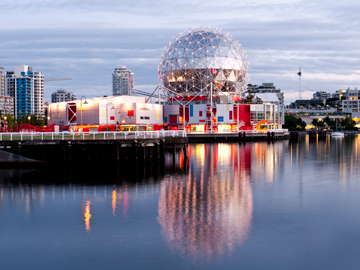 Science World sits at the end of False Creek in Vancouver, Canada
