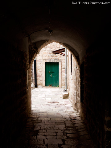 A dark stone tunnel leads to a green door