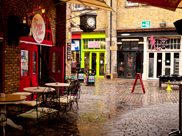 An eating area in the Stables Market in Camden Town