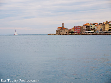 A sail boat headed to the tip of the Piran peninsula in Slovenia