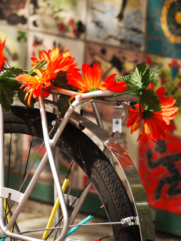 A bicycle is decorated with flowers outside of the Roundhouse Community Centre in Vancouver, British Columbia