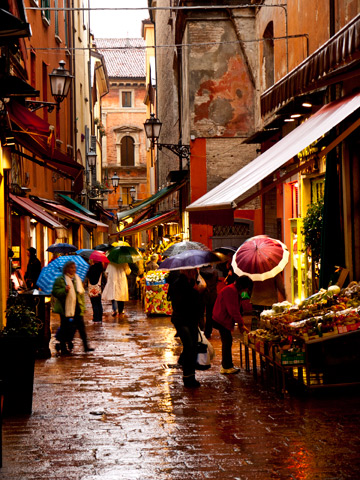 Umbrella-clad shoppers within the Quadrilatero district in Bologna, Italy