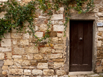 A stone wall and wooden door in Montefioralle, Italy