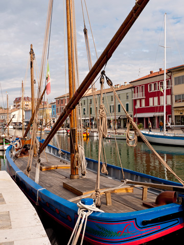 Boats along a canal in Cesenatico, Italy