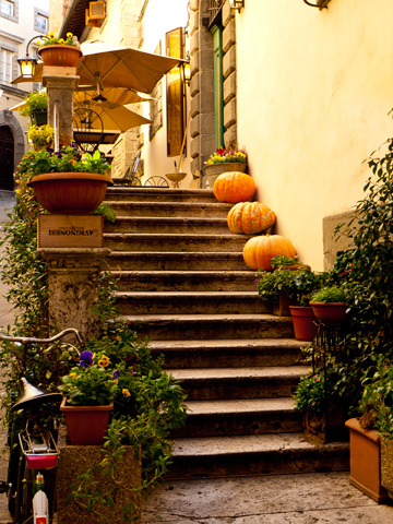 Autumn decorated stairs in Cortona, Italy
