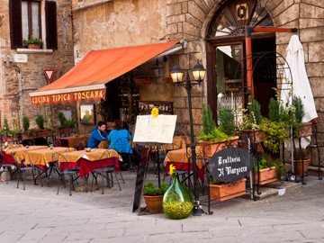 A restaurant patio serving typical tuscan food in Montepulciano, Italy