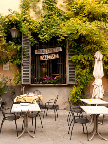 A restaurant patio during the early autumn in Brisighella, Italy