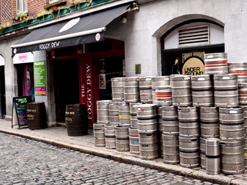 Beer kegs on a sidewalk in Dublin, Ireland