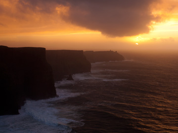 A winter sunset over the Cliffs of Moher in Ireland.