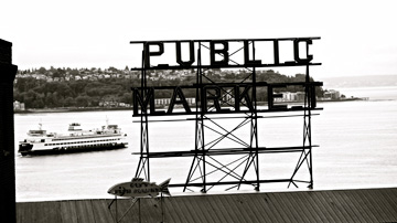 Pike Place Market and Washington Ferries in Seattle, USA