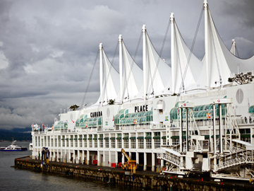 The sail-toppped Canada Place in Vancouver, BC serves as the cruise ship terminal